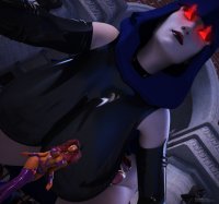 breasts giantess mega alien large_breasts long_hair cleavage green_eyes red_eyes raven teen_titans gloves red_hair starfire boots crawling thighs costume point_of_view belt jetslasher hood digital_render dc_comics orange_skin bare_legs grey_skin gauntlets