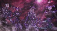 breasts drawing giantess horns tail mega alien color armor giant claws sword cleavage skirt red_eyes gloves boots shorts fangs monster choker cape belt cliff spear ben_10 looking_at_tiny ben_tennyson spikes bare_legs grey_skin bare_midriff shoulder_pads way_bad extra_eyes cartoon_network sheepblack11