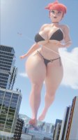 bikini breasts giantess city mega large_breasts swimsuit destruction toes cleavage buildings green_eyes red_hair ponytail short_hair foot_crush airplane running frankie_foster thighs choker point_of_view earrings thick_thighs digital_render fosters_home_for_imaginary_friends cartoon_network bottopbot3 hair_pin