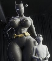 breasts nipples giantess large_breasts domination asian mini_giantess mask batgirl handcuffs thighs indoors costume belt hands_on_hips thick_thighs digital_render dc_comics anon wotm8h8 cassandra_cain