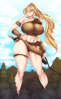 breasts drawing giantess panties mega upskirt blonde color large_breasts long_hair blue_eyes skirt elf ponytail hunter mountains forest thighs bow necklace top hands_on_hips arrows pointed_ears bare_legs makeshift_clothing quiver bare_midriff narinmakin chrlorez-art fur_bikini