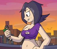 breasts drawing giantess city mega black_hair color large_breasts handheld cleavage buildings short_hair freckles sunset top ripped_clothing hands_on_hips looking_at_tiny bare_midriff megamaliit