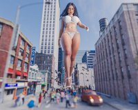 breasts giantess panties city mega black_hair long_hair cleavage bra high_heels buildings underwear vehicles thighs choker point_of_view earrings crowds bracelet running_away sign water_tower digital_render julia looking_at_tinies jmark1966