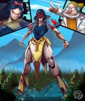 breasts drawing giantess mega black_hair color mecha robot blue_eyes skirt water glasses brown_eyes short_hair mountains lake forest fist disney hair_bow lab_coat dwarf snow_white doc cutaway nauyaco