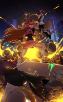 breasts drawing giantess city color long_hair mecha destruction handheld skirt buildings glasses socks gloves red_hair mini_giantess pink_eyes fire explosion fighting cruel night fist hair_bow goggles ripped_clothing stars glowing_eyes powerpuff_girls bare_legs labcoat zerohour99 dexter dexters_laboratory cartoon_network blossom townsville