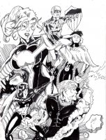 breasts drawing giantess monochrome ponytail muscles hawkeye mask pants bow costume top belt shield zipper on_shoulder cassie_lang stature marvel_comics bare_midriff kate_bishop hulking young_avengers wiccan patriot wonderball68