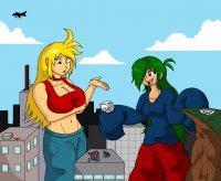 breasts drawing giantess city blonde color large_breasts long_hair cleavage buildings blood green_hair airplane giantesses pants top bare_midriff mari shitforbrainschan deet_girl