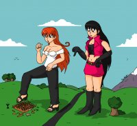 breasts drawing giantess mega black_hair color long_hair destruction cleavage skirt high_heels green_eyes brown_eyes gloves red_hair boots foot_crush mountains giantesses pants road belt pointing vest jessica_rose ashley_rose shitforbrainschan