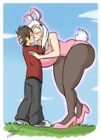 breasts drawing giantess white_hair color butt bunny_ears huge_breasts brunette stockings couple mini_giantess kissing pants bunny_suit sanone leotard bending_down thick_thighs