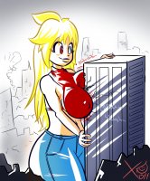 breasts drawing giantess city blonde color long_hair destruction buildings huge_breasts breast_crush pants top thick_thighs bare_midriff thexanafar mari