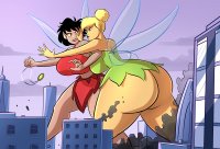 breasts drawing giantess wings city mega blonde black_hair color butt destruction blue_eyes skirt buildings green_eyes huge_breasts fairy dress short_hair bottomless tinkerbell fighting dark_skin thighs disney necklace top thick_thighs pointed_ears hair_bun ferngully crysta caiman2