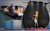 breasts drawing growth giantess mega blonde black_hair color long_hair butt destruction high_heels glasses shoes brown_eyes gloves asian short_hair pants thighs jacket disney headband laboratory looking_at_tiny outgrowing_room gogo_tomago big_hero_6 ravenravenraven honey_lemon hair_streak