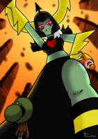 breasts drawing giantess white_hair horns alien color skirt red_eyes smiling socks gloves shrunken_man hat freckles disney point_of_view top hands_on_hips helmet shrink_gun green_skin looking_at_tiny orange_skin bare_legs bare_midriff lord_dominator siomartnet wander wander_over_yonder