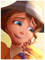 breasts drawing giantess color blue_eyes barefoot brunette smiling dress short_hair muscles hat disney on_shoulder looking_at_tiny tarzan loincloth kisparlius jane_porter