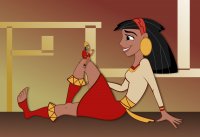 breasts drawing giantess mega black_hair color toes skirt sitting uniform dark_skin disney earrings hairband looking_at_tiny on_knee bare_legs kisparlius malina kuzco