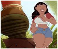 breasts drawing micro alien black_hair color shoes foot_crush shorts running headphones shrunken_man grass dark_skin thighs disney closed_eyes point_of_view top running_away imminent_crush bare_legs nani_pelekai bare_midriff kisparlius gantu lilo_and_stitch