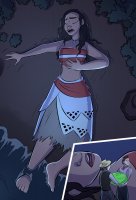 breasts drawing giantess mega sleeping comic black_hair color long_hair beach toes barefoot cleavage skirt water ocean dark_skin gullivera disney necklace native top moana bare_midriff caiman2