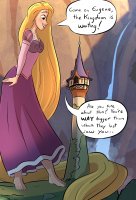 breasts drawing giantess mega blonde color long_hair toes barefoot cleavage green_eyes waterfall smiling dress tower mountains disney tangled dialogue looking_at_tiny rapunzel caiman2 flynn_rider