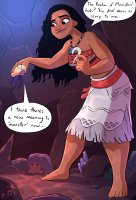 breasts drawing giantess mega color long_hair handheld toes barefoot cleavage skirt brown_eyes smiling monster cave dark_skin disney necklace native top dialogue crab looking_at_tiny hook bare_legs moana bare_midriff caiman2 tamatoa