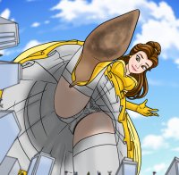 breasts drawing giantess panties city mega upskirt color long_hair butt high_heels buildings brunette stockings brown_eyes smiling gloves dress thighs disney point_of_view belle earrings lostperras imminent_crush beauty_and_the_beast looking_at_tinies