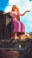 breasts giantess mega blonde long_hair barefoot green_eyes castle dress horse mountains disney tangled leaning_on_building looking_at_tiny digital_render rapunzel flynn_rider giantstargirl