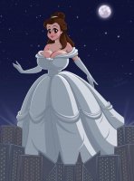 breasts drawing giantess city mega color large_breasts long_hair cleavage buildings brunette brown_eyes moon gloves dress night disney belle earrings stars hairband beauty_and_the_beast ameliaafterdark