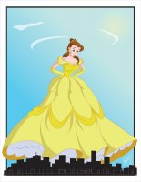 breasts drawing giantess giga city mega color long_hair cleavage buildings brunette brown_eyes gloves dress looking_down thighs towering disney belle earrings hands_on_hips hairband beauty_and_the_beast kisparlius