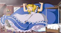 drawing growth giantess blonde color long_hair blue_eyes bed shoes socks dress sitting indoors bedroom alice_in_wonderland disney toys hair_bow broku5000 outgrowing_room alice