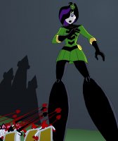 breasts drawing giantess mega alien color crossover purple_eyes castle gloves short_hair costume alice_in_wonderland disney rings white_skin dc_comics spears playing_cards shrinking_violet legion_of_superheroes flower_in_hair looking_at_tinies hair_streak trc_tooniversity card_guards