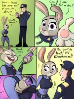 breasts drawing growth giantess furry comic color bunny brunette purple_eyes police mini_giantess police_uniform thighs bunny_girl disney belt dialogue syringe grey_skin growth_serum judy_hopps zootopia caiman2 police_officer picjusbro