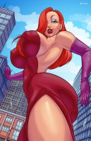 breasts drawing nipples giantess city mega color large_breasts long_hair butt destruction buildings smiling gloves red_hair dress jessica_rabbit thighs disney point_of_view earrings looking_at_viewer giantessfan bare_legs hair_covering_eyes heavy_eyeshadow