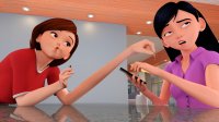 breasts nude vore black_hair long_hair handheld purple_eyes brown_eyes phone shrunken_man dangle indoors milf disney shirt the_incredibles pinched digital_render elasti-girl pixar celton violet_parr