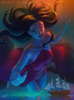 breasts drawing giantess mega black_hair color long_hair water ocean goddess dress reaching thighs ships purple_skin eris bare_legs dreamworks sinbad shady-dragon