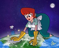 breasts drawing giantess earth giga space color large_breasts butt cleavage moon gloves red_hair short_hair crawling pants cleaning apron milf earrings stars thick_thighs cosmic_giantess ameliaafterdark dexters_mom dexters_laboratory cartoon_network sprit_bottle rag