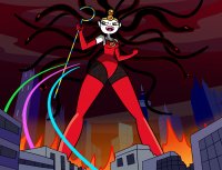 breasts drawing giantess city mega black_hair color destruction rampage cleavage buildings green_eyes gloves boots fire fighting fishnets cartoon night outdoors fist freckles necklace leotard tiara white_skin looking_at_tiny powerpuff_girls sedusa scepter megamaliit cartoon_network townsville