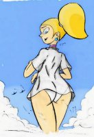 drawing giantess panties giga mega blonde color butt blue_eyes military twintails airplane clouds thighs choker shirt earrings looking_behind colonel-gabbo bare_legs explostion dexters_laboratory cartoon_network dee_dee