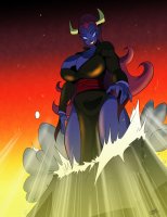 breasts drawing growth giantess horns mega color large_breasts long_hair destruction cleavage demon smiling red_hair dress blue_skin mountains thighs xiaolin_showdown outgrowing_space point_of_view thick_thighs wuya bare_legs cartoon_network mquezada88
