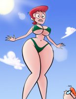 breasts drawing growth giantess color large_breasts swimsuit cleavage glasses red_hair short_hair sun milf point_of_view thick_thighs bare_legs bare_midriff dexter dexters_mom dexters_laboratory cartoon_network saf-404