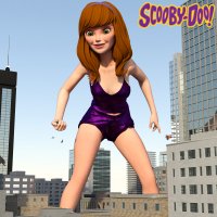 breasts giantess city mega long_hair handheld rampage cleavage buildings green_eyes smiling shorts falling reflection orange_hair hairband digital_render bare_legs scooby_doo pandatomi77 daphne_blake breats cartoon_network