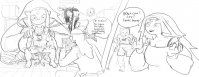 breasts drawing giantess comic monochrome ponytail kneeling muscles thighs dialogue marceline princess_bubblegum canyon looking_at_tiny finn_the_human cartoon_network