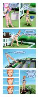 breasts drawing growth giantess city mega comic color butt swimsuit barefoot buildings green_eyes smiling tree short_hair magic towering closed_eyes point_of_view dialogue hands_on_hips orange_hair gwen_tennyson ben_10 riadorana bare_legs bare_midriff hair_pin cartoon_network