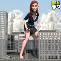 breasts giantess city mega long_hair destruction handheld barefoot rampage cleavage skirt buildings green_hair red_hair vehicles reflection smoke belt gwen_tennyson debris van ben_10 cracked_ground digital_render bare_legs pandatomi77 cartoon_network
