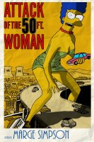 breasts drawing giantess city mega color long_hair handheld cleavage buildings blue_hair dress marge_simpson parody highway vehicles poster the_simpsons straddling milf necklace attack_of_the_50_foot_woman bare_legs yellow_skin claudia-r simpons