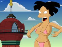 breasts drawing growth giantess panties city mega black_hair color large_breasts swimsuit cleavage bra buildings purple_hair asian ponytail short_hair railing leela futurama orange_hair amy_wong cyclops philip_j_fry spider-matt bare_midriff new_new_york