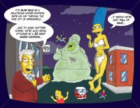 breasts drawing giantess vore city mega color long_hair giant barefoot cleavage bra skirt buildings blue_hair marge_simpson simpsons news night the_simpsons milf tv top ripped_clothing dialogue legs_crossed homer_simpson microphone reporter attack_of_the_50_foot_woman gulliver63 blob yellow_skin springfield kent_brockman