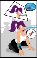 breasts drawing giantess vore city mega blonde comic color cleavage buildings purple_hair gloves ponytail boots kneeling uniform cartoon falling pants thighs leela futurama top belt orange_hair looking_at_tiny cyclops philip_j_fry cutaway tube kisparlius new_new_york zapp_brannigan