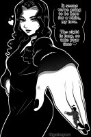 breasts drawing giantess monochrome black_hair long_hair dress shrunken_man suit dialogue hands_on_hips on_finger looking_at_tiny guireyart_10 addams_family morticia_addams