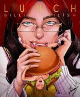 drawing nude vore black_hair color long_hair tongue blue_eyes glasses brunette socks shrunken_woman food poster food_play hamburger billie_eilish