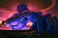 breasts drawing growth giantess nude mega alien color large_breasts destruction cleavage sweat muscles blue_skin abs hand_crush indoors tattoo closed_eyes night_club mass_effect 0pik-0ort convenient_censorship asari aria_tloak