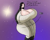 breasts drawing giantess giga space black_hair color long_hair cleavage huge_breasts sun boots thighs jumpsuit dialogue stars space_station thick_thighs cosmic_giantess mass_effect miranda_lawson caiman2 citadel